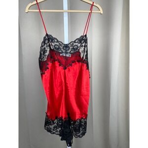 Vintage 90s Val Mode Red Satin Black Lace Teddy Romper Lingerie Size L
